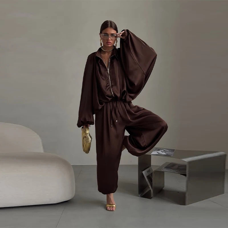 Women Satin Shiny Two Piece Set Long Sleeve Zipper Crop Coat High-waisted Drawstring Wide Leg Pants 2026 Spring Chic Casual Suit