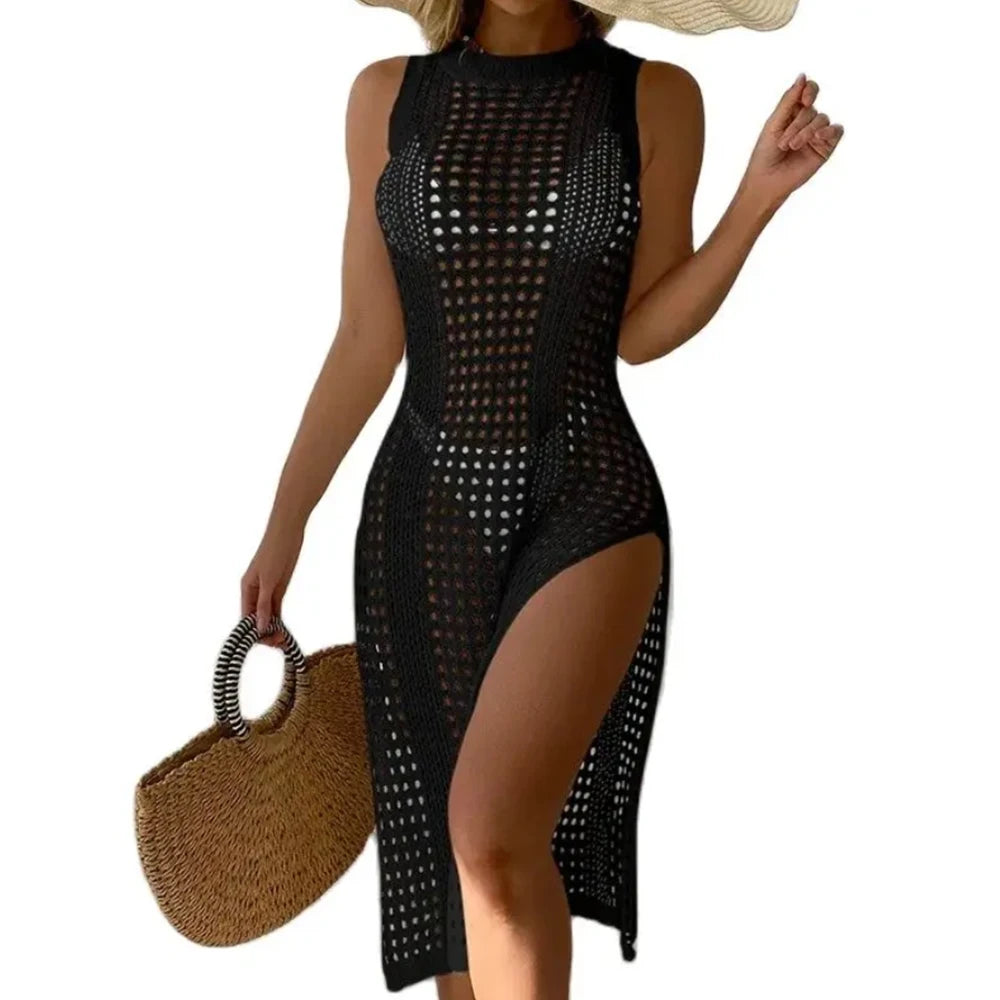 2026 Women Swimsuits Cover Ups Crochet Bathing Suit Hollow Out Bikini Coverup Beach Swimwear Sleeveless Side Split Beach Dresses