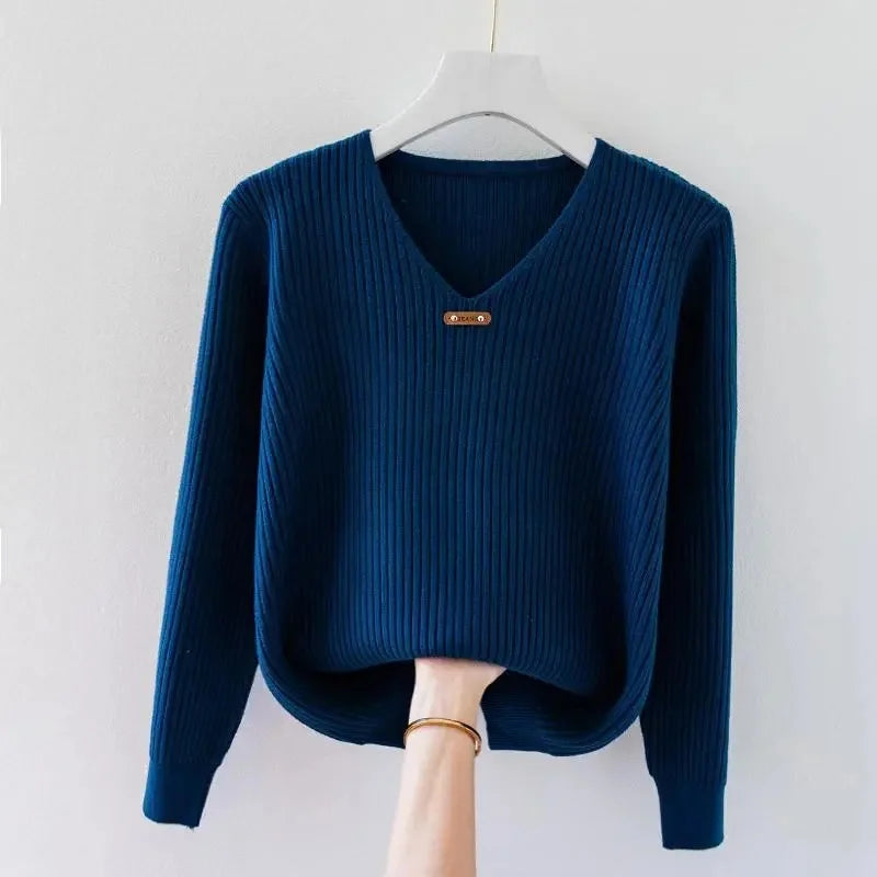 2026 New Autumn Women Sweater V-Neck Long Sleeve Knitted Sweaters Solid Korean Basic Casual Jumper Bottoming Pullovers Top