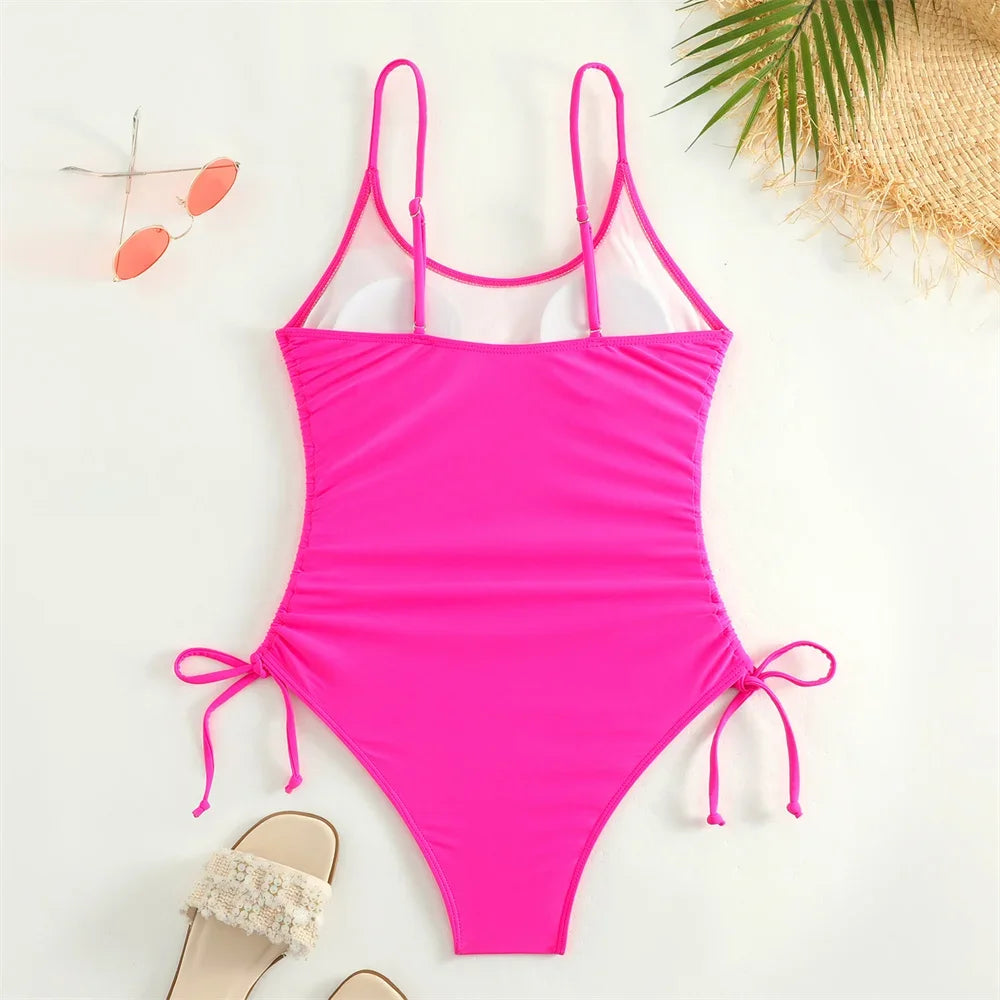 White Bikini Drawstring Pleated Sling Swimsuit One-piece Y2K Trend Monokini Sexy Women Vacation Swimwear Beach Wear Bathing Suit