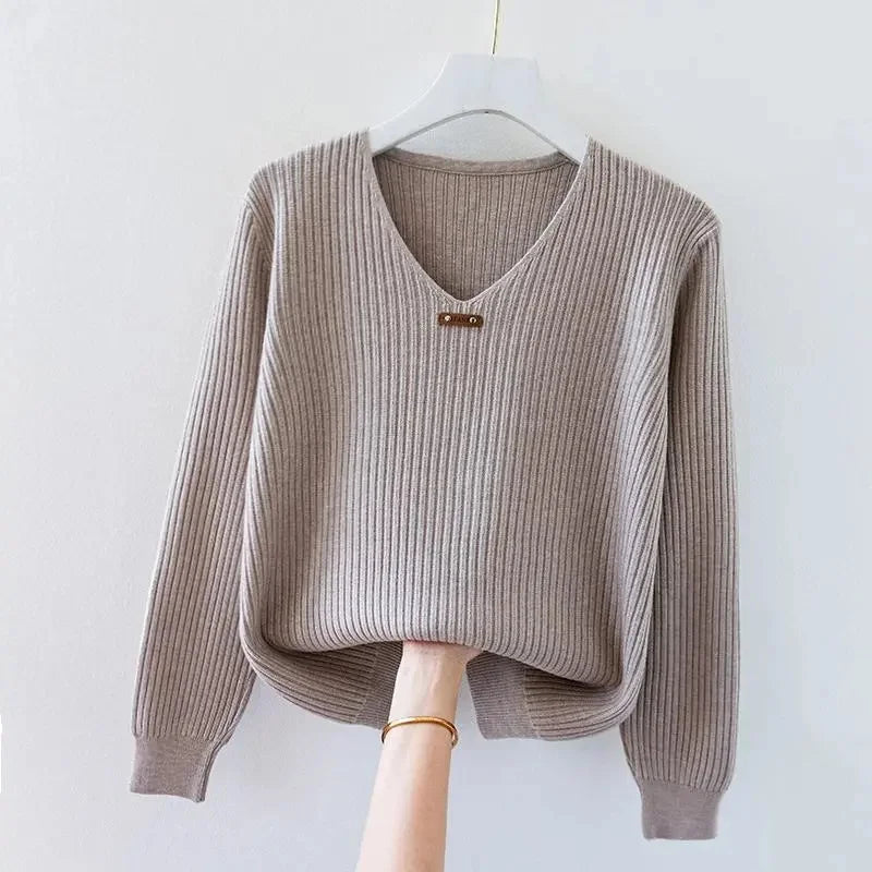 2026 New Autumn Women Sweater V-Neck Long Sleeve Knitted Sweaters Solid Korean Basic Casual Jumper Bottoming Pullovers Top
