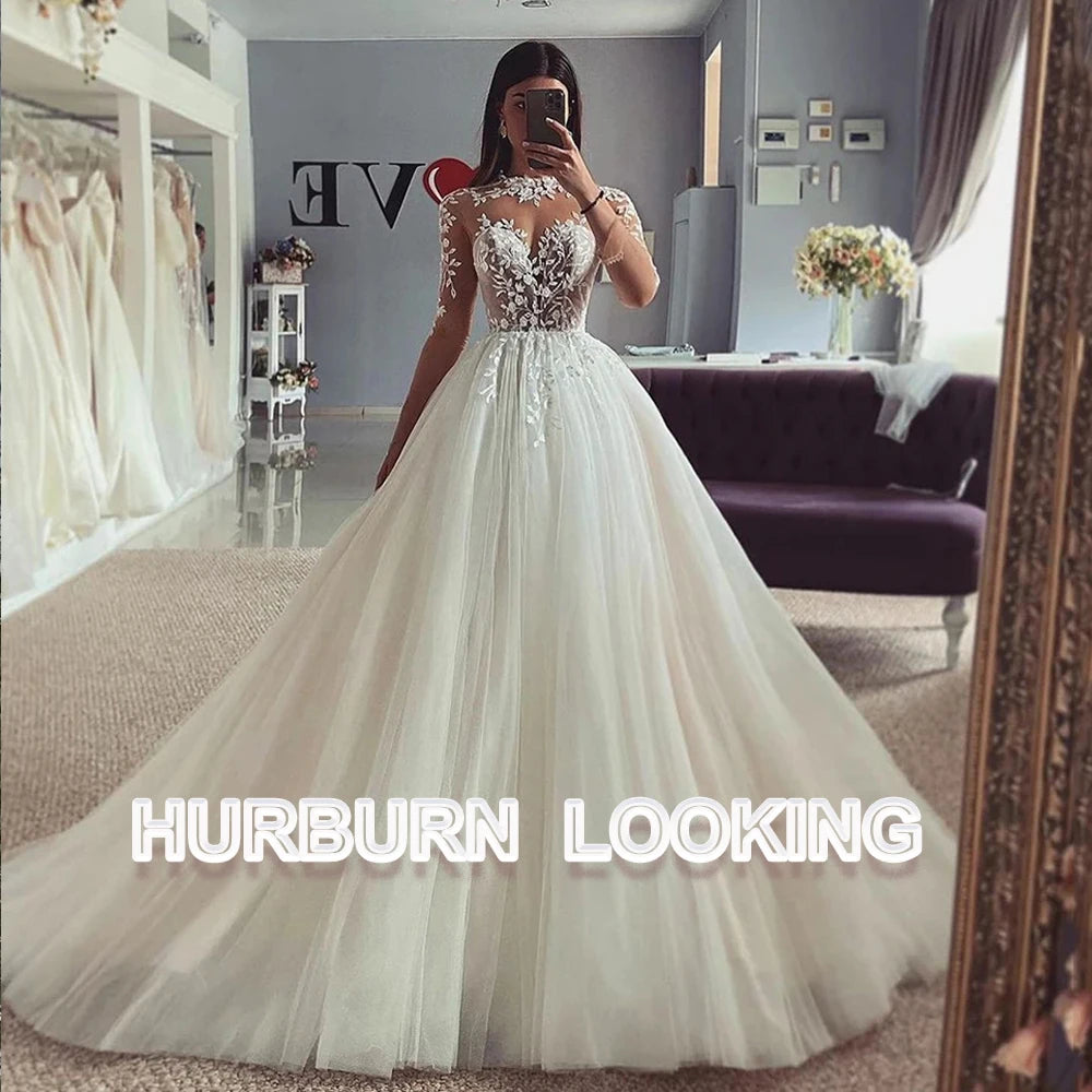 HERBURN Vintage Long Sleeves Wedding Dresses for Women Lace Appliques Lace Up Sweep Train Tulle Vestidos De Novia Customized