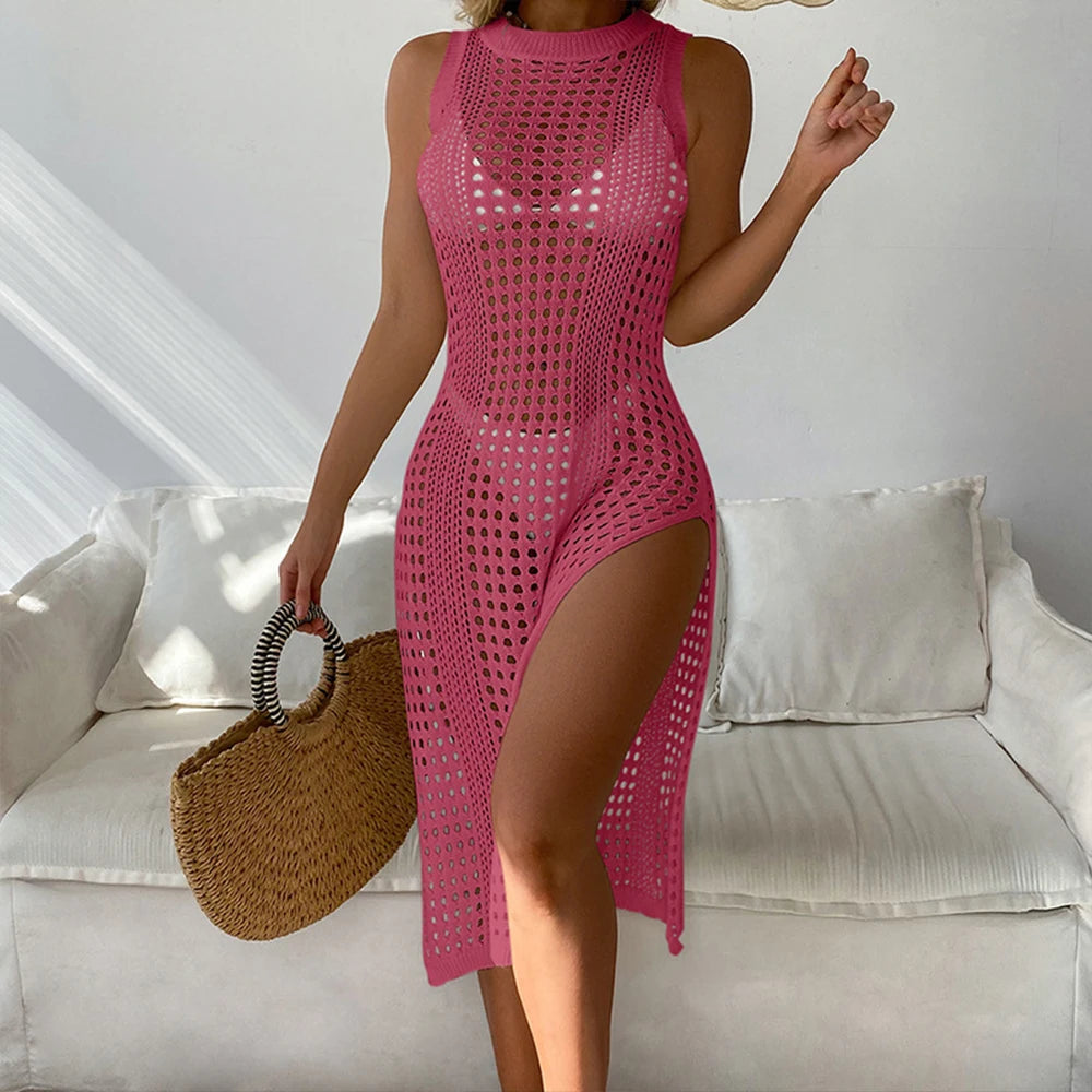 2026 Women Swimsuits Cover Ups Crochet Bathing Suit Hollow Out Bikini Coverup Beach Swimwear Sleeveless Side Split Beach Dresses