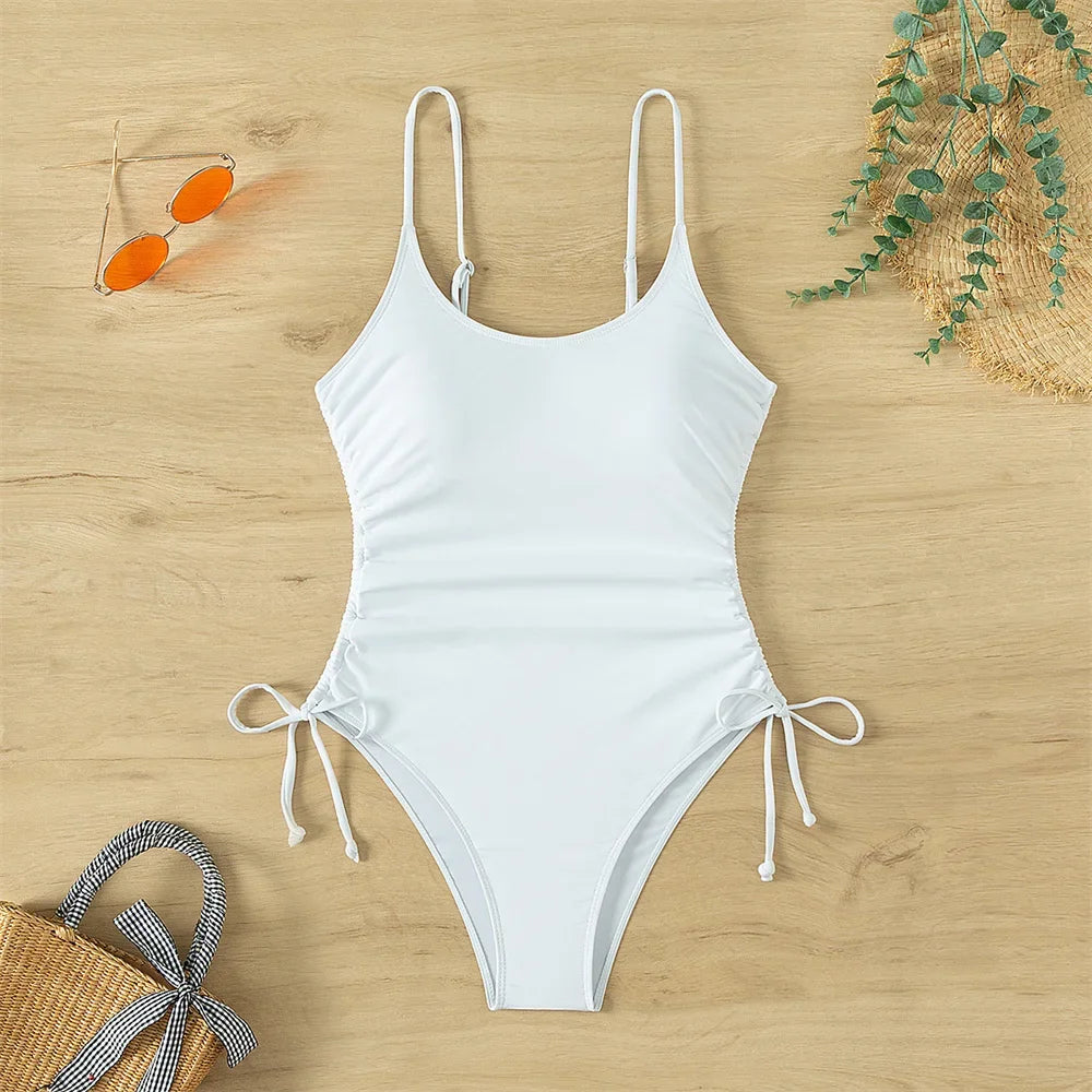 White Bikini Drawstring Pleated Sling Swimsuit One-piece Y2K Trend Monokini Sexy Women Vacation Swimwear Beach Wear Bathing Suit