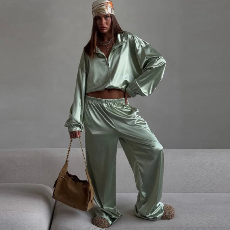 Women Satin Shiny Two Piece Set Long Sleeve Zipper Crop Coat High-waisted Drawstring Wide Leg Pants 2026 Spring Chic Casual Suit
