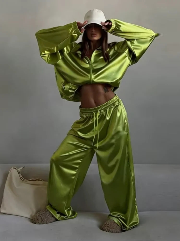 Women Satin Shiny Two Piece Set Long Sleeve Zipper Crop Coat High-waisted Drawstring Wide Leg Pants 2026 Spring Chic Casual Suit