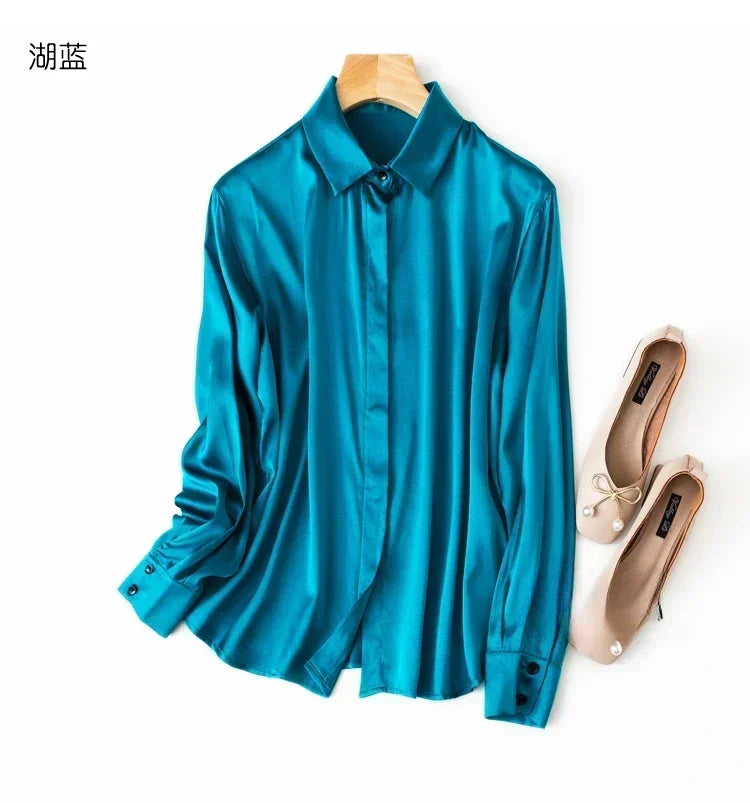 Tajiyane Women's 93% Mulberry Silk 7% Spandex 19 momme satin Silk Buttons long sleeve shirt Top Blouse office work chemise femme