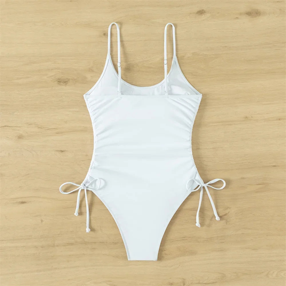 White Bikini Drawstring Pleated Sling Swimsuit One-piece Y2K Trend Monokini Sexy Women Vacation Swimwear Beach Wear Bathing Suit