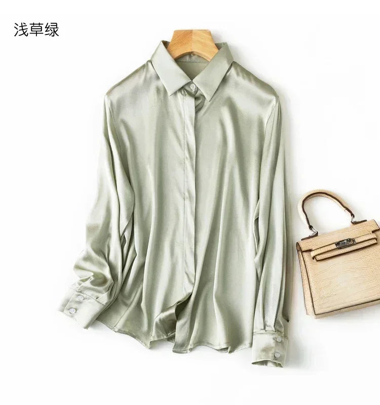Tajiyane Women's 93% Mulberry Silk 7% Spandex 19 momme satin Silk Buttons long sleeve shirt Top Blouse office work chemise femme