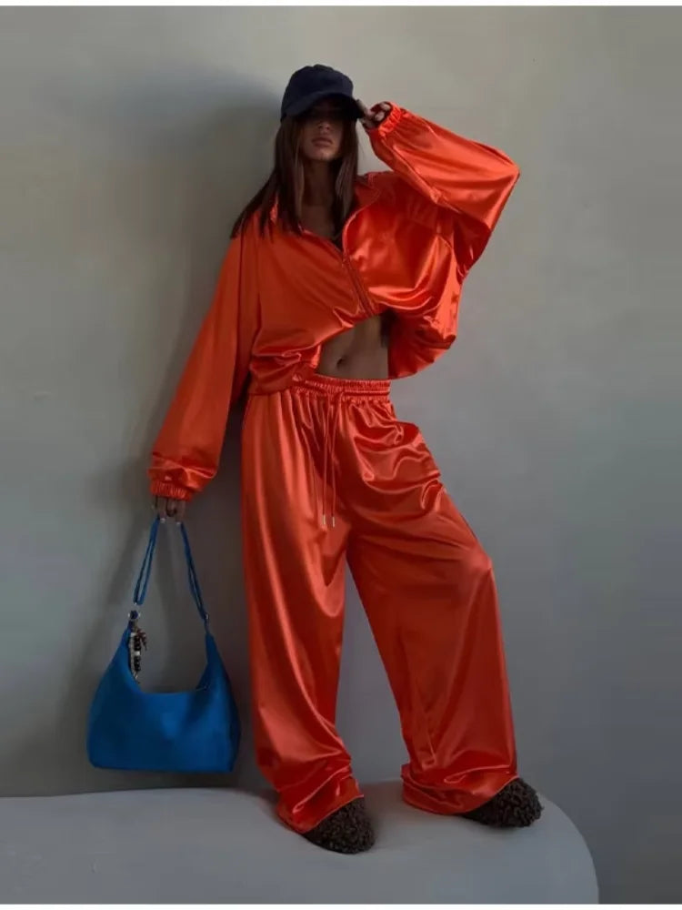 Women Satin Shiny Two Piece Set Long Sleeve Zipper Crop Coat High-waisted Drawstring Wide Leg Pants 2026 Spring Chic Casual Suit