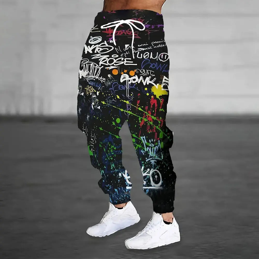 2024 New Fashion Graffiti Printed Sweatpants Men's Large Size Loose Casual Pocket Drawstring Sweatpants Winter Thick Warm Pants