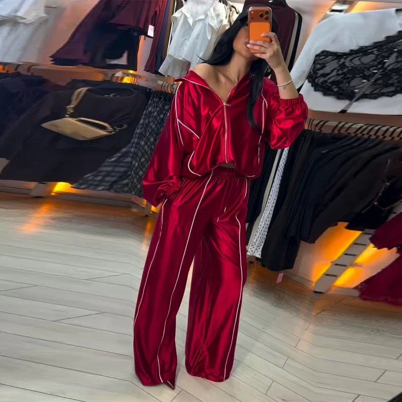Women Satin Shiny Two Piece Set Long Sleeve Zipper Crop Coat High-waisted Drawstring Wide Leg Pants 2026 Spring Chic Casual Suit