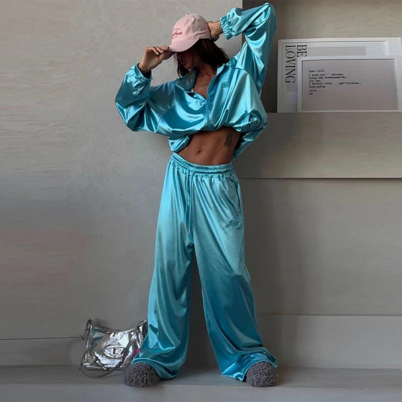 Women Satin Shiny Two Piece Set Long Sleeve Zipper Crop Coat High-waisted Drawstring Wide Leg Pants 2026 Spring Chic Casual Suit