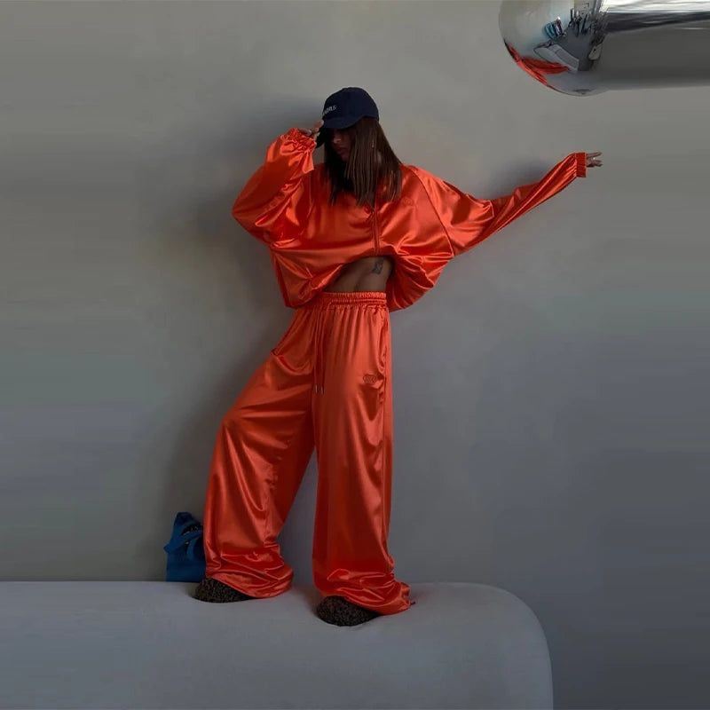 Women Satin Shiny Two Piece Set Long Sleeve Zipper Crop Coat High-waisted Drawstring Wide Leg Pants 2026 Spring Chic Casual Suit