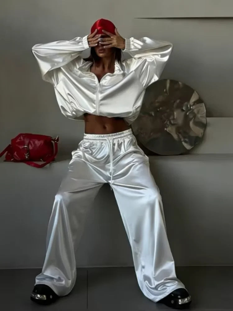 Women Satin Shiny Two Piece Set Long Sleeve Zipper Crop Coat High-waisted Drawstring Wide Leg Pants 2026 Spring Chic Casual Suit