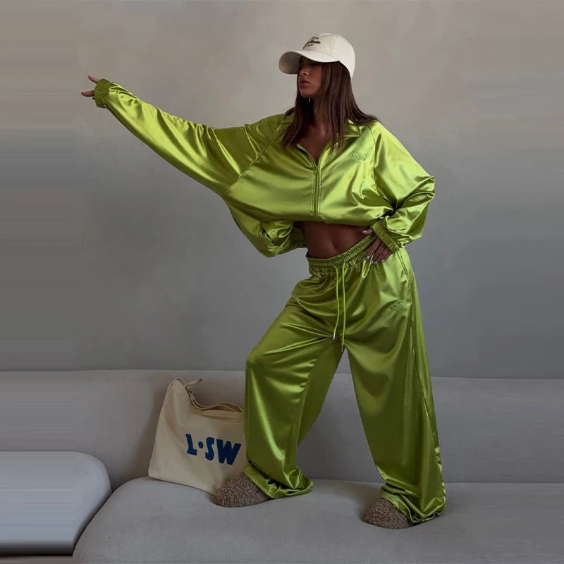 Women Satin Shiny Two Piece Set Long Sleeve Zipper Crop Coat High-waisted Drawstring Wide Leg Pants 2026 Spring Chic Casual Suit