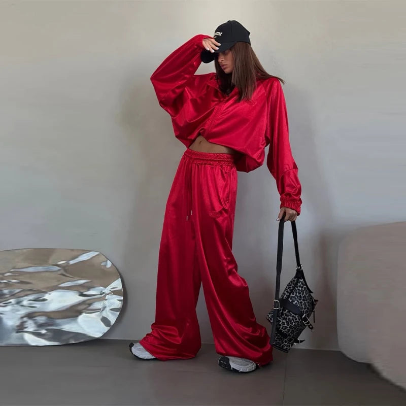 Women Satin Shiny Two Piece Set Long Sleeve Zipper Crop Coat High-waisted Drawstring Wide Leg Pants 2026 Spring Chic Casual Suit