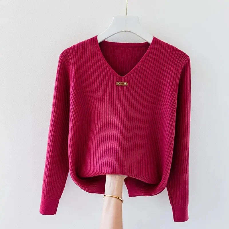 2026 New Autumn Women Sweater V-Neck Long Sleeve Knitted Sweaters Solid Korean Basic Casual Jumper Bottoming Pullovers Top