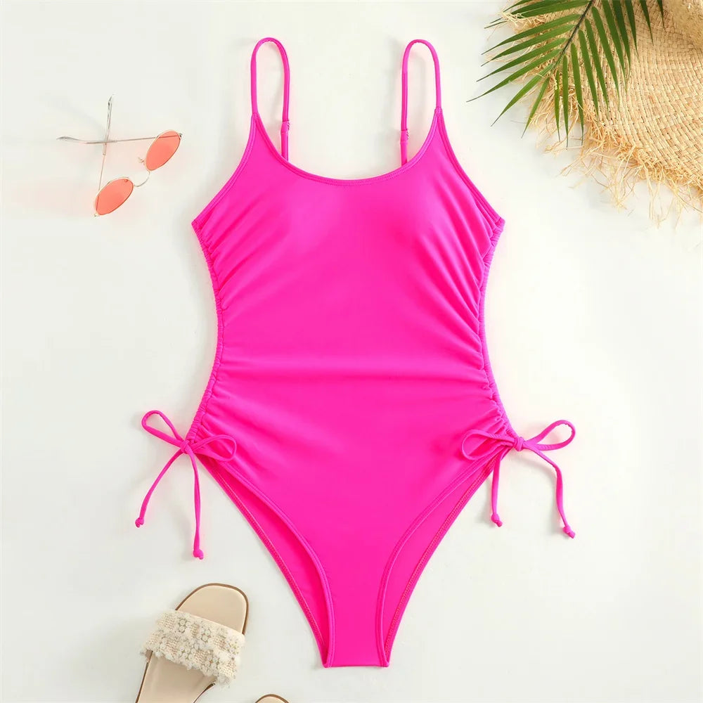 White Bikini Drawstring Pleated Sling Swimsuit One-piece Y2K Trend Monokini Sexy Women Vacation Swimwear Beach Wear Bathing Suit