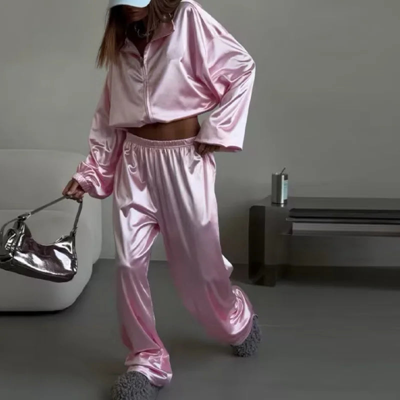 Women Satin Shiny Two Piece Set Long Sleeve Zipper Crop Coat High-waisted Drawstring Wide Leg Pants 2026 Spring Chic Casual Suit