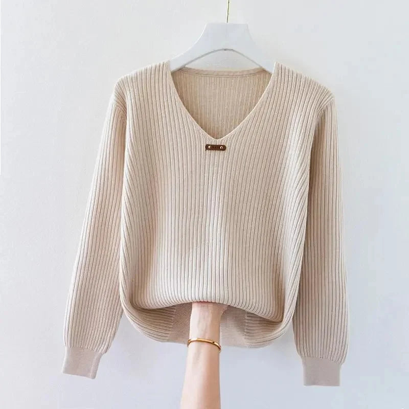 2026 New Autumn Women Sweater V-Neck Long Sleeve Knitted Sweaters Solid Korean Basic Casual Jumper Bottoming Pullovers Top