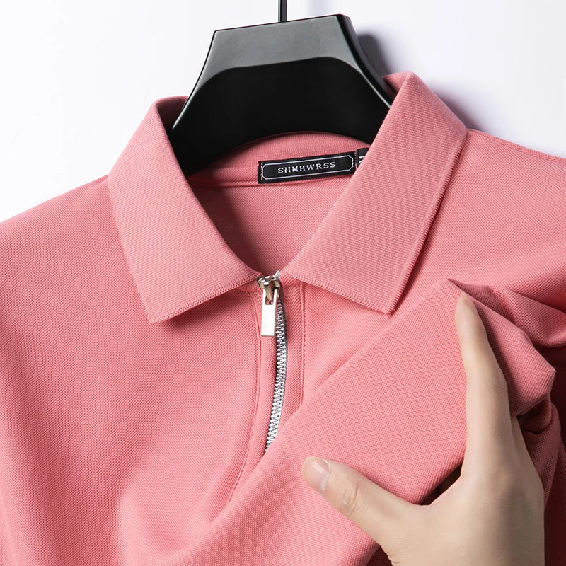 Summer New Men's Casual Slim Fit Polo Shirt Flip Collar Breathable Half Zipper Short Sleeve Top Solid Color Comfortable T-shirt
