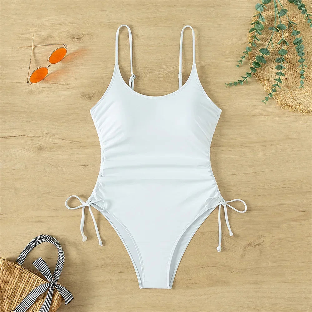 White Bikini Drawstring Pleated Sling Swimsuit One-piece Y2K Trend Monokini Sexy Women Vacation Swimwear Beach Wear Bathing Suit