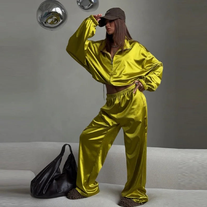 Women Satin Shiny Two Piece Set Long Sleeve Zipper Crop Coat High-waisted Drawstring Wide Leg Pants 2026 Spring Chic Casual Suit