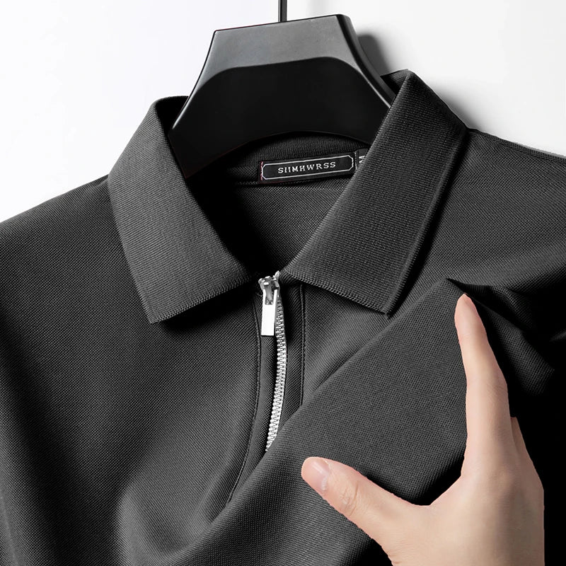 Summer New Men's Casual Slim Fit Polo Shirt Flip Collar Breathable Half Zipper Short Sleeve Top Solid Color Comfortable T-shirt