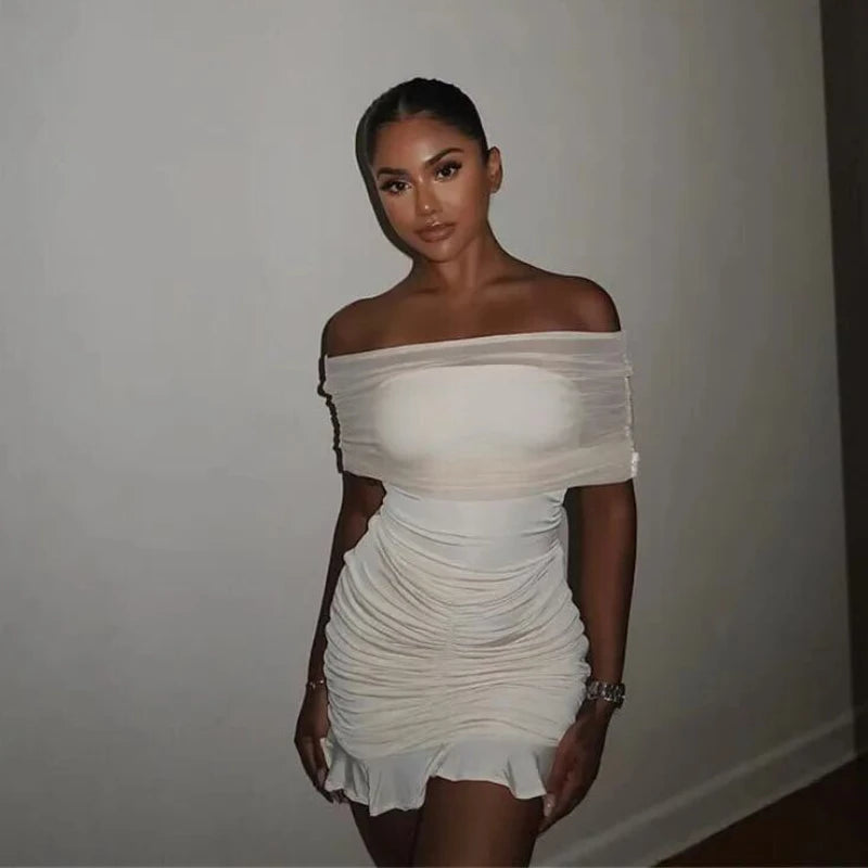 Mingmingxi Summer Off The Shoulder Women Dress 2025 New Arrivals Mini Bodycon Mesh Dress Sexy Party Night Dresses