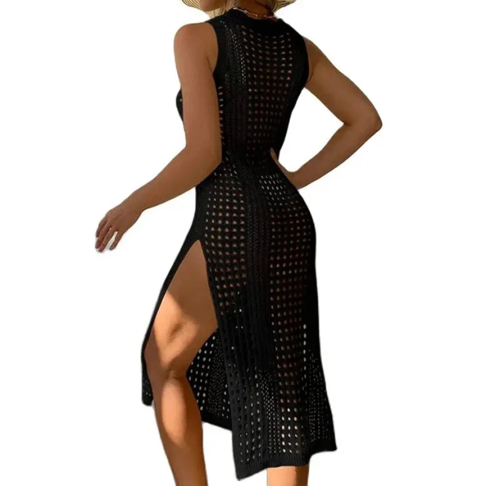 2026 Women Swimsuits Cover Ups Crochet Bathing Suit Hollow Out Bikini Coverup Beach Swimwear Sleeveless Side Split Beach Dresses