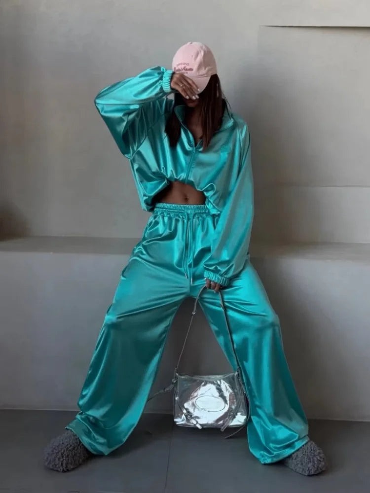 Women Satin Shiny Two Piece Set Long Sleeve Zipper Crop Coat High-waisted Drawstring Wide Leg Pants 2026 Spring Chic Casual Suit