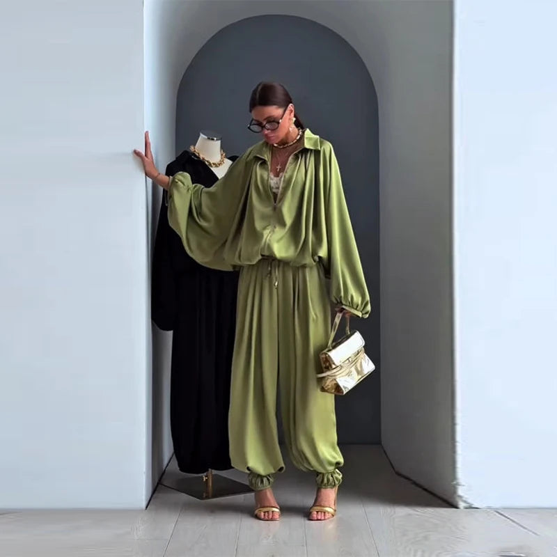 Women Satin Shiny Two Piece Set Long Sleeve Zipper Crop Coat High-waisted Drawstring Wide Leg Pants 2026 Spring Chic Casual Suit