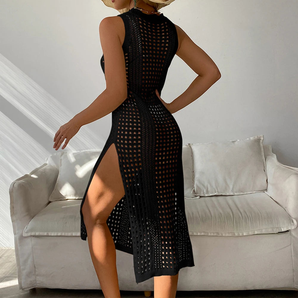 2026 Women Swimsuits Cover Ups Crochet Bathing Suit Hollow Out Bikini Coverup Beach Swimwear Sleeveless Side Split Beach Dresses