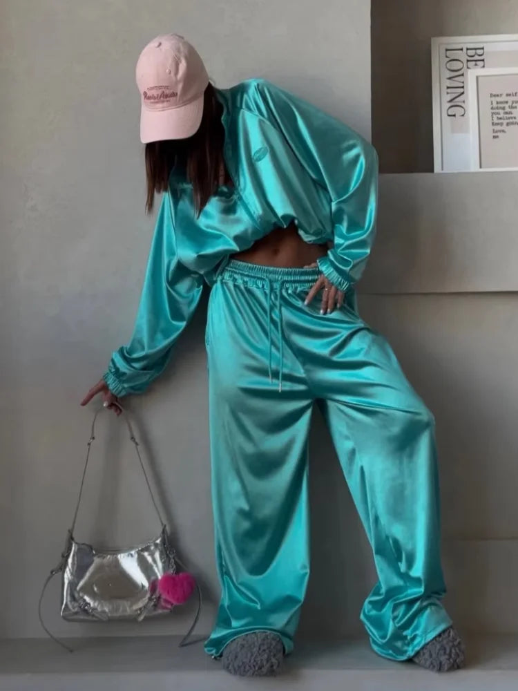 Women Satin Shiny Two Piece Set Long Sleeve Zipper Crop Coat High-waisted Drawstring Wide Leg Pants 2026 Spring Chic Casual Suit