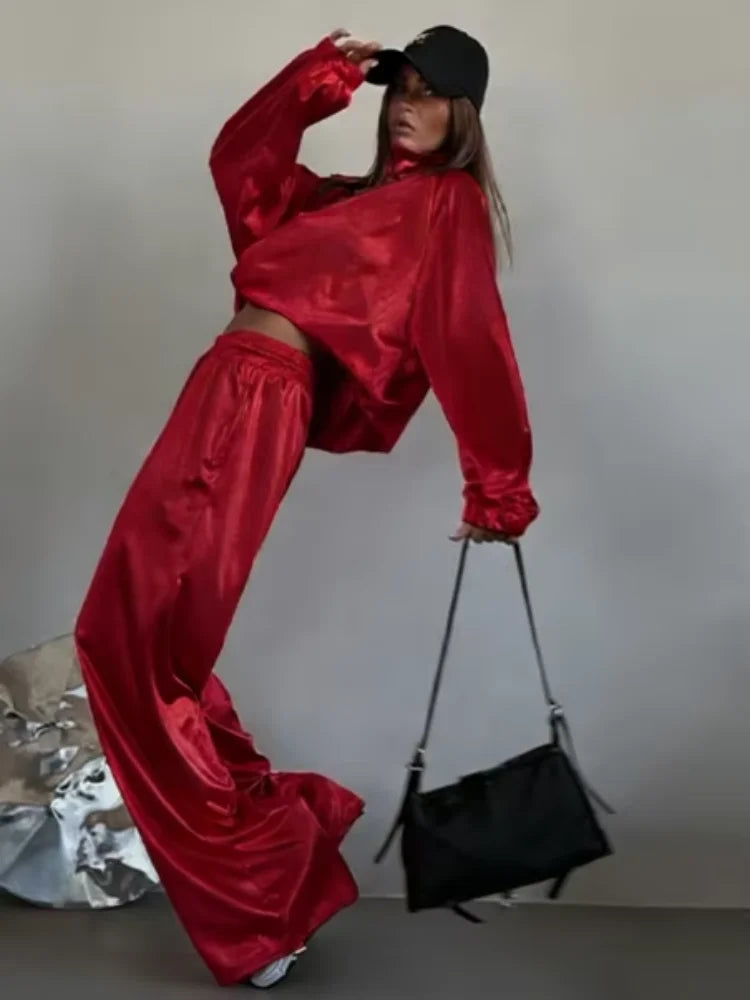 Women Satin Shiny Two Piece Set Long Sleeve Zipper Crop Coat High-waisted Drawstring Wide Leg Pants 2026 Spring Chic Casual Suit