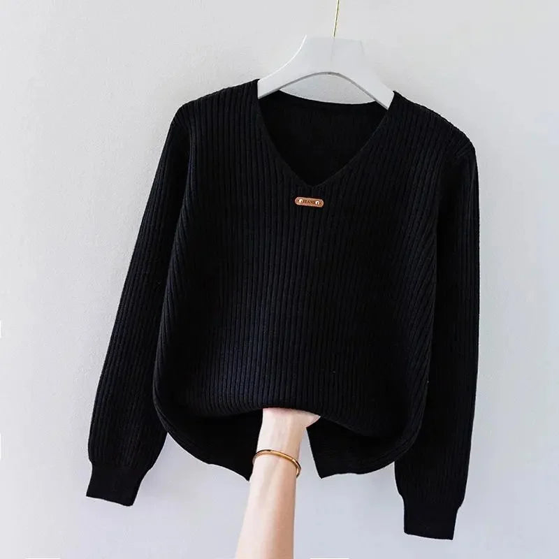 2026 New Autumn Women Sweater V-Neck Long Sleeve Knitted Sweaters Solid Korean Basic Casual Jumper Bottoming Pullovers Top