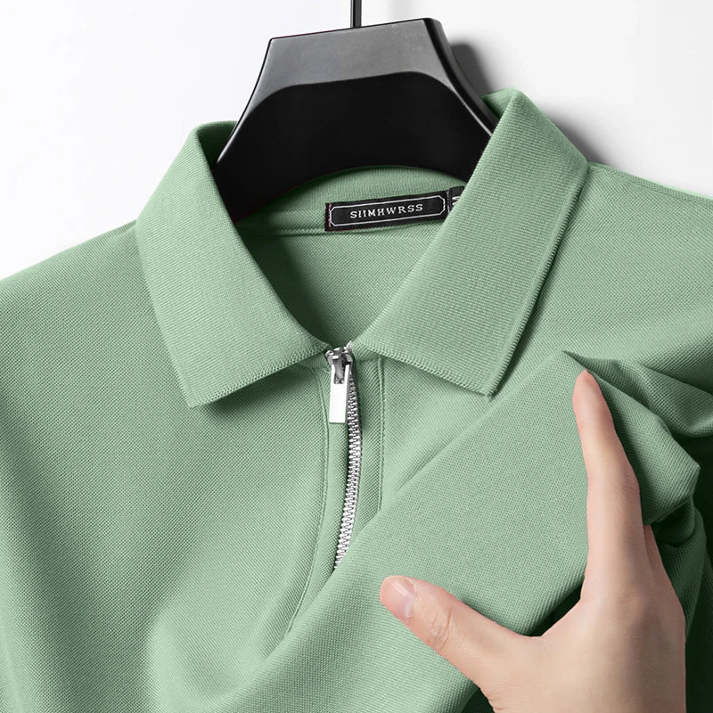 Summer New Men's Casual Slim Fit Polo Shirt Flip Collar Breathable Half Zipper Short Sleeve Top Solid Color Comfortable T-shirt