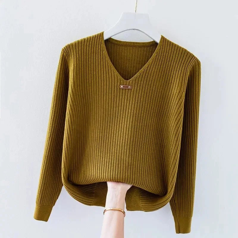 2026 New Autumn Women Sweater V-Neck Long Sleeve Knitted Sweaters Solid Korean Basic Casual Jumper Bottoming Pullovers Top